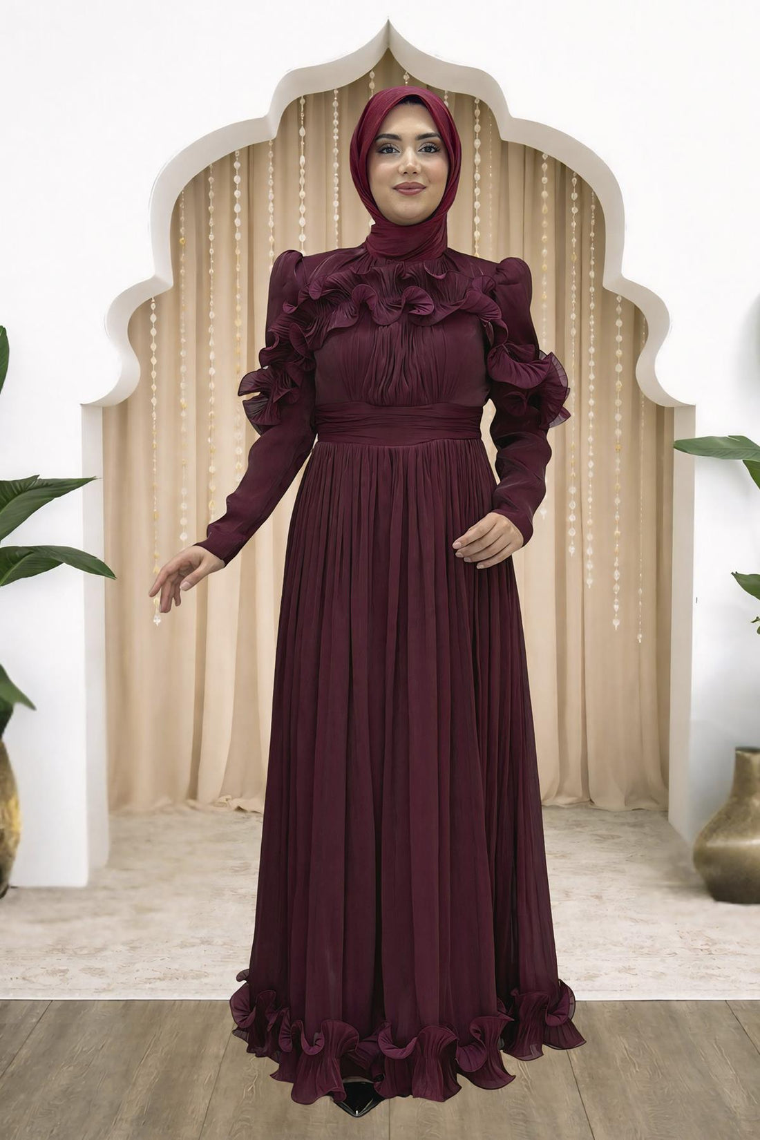 Beliz Modest Evening Dress - Burgundy