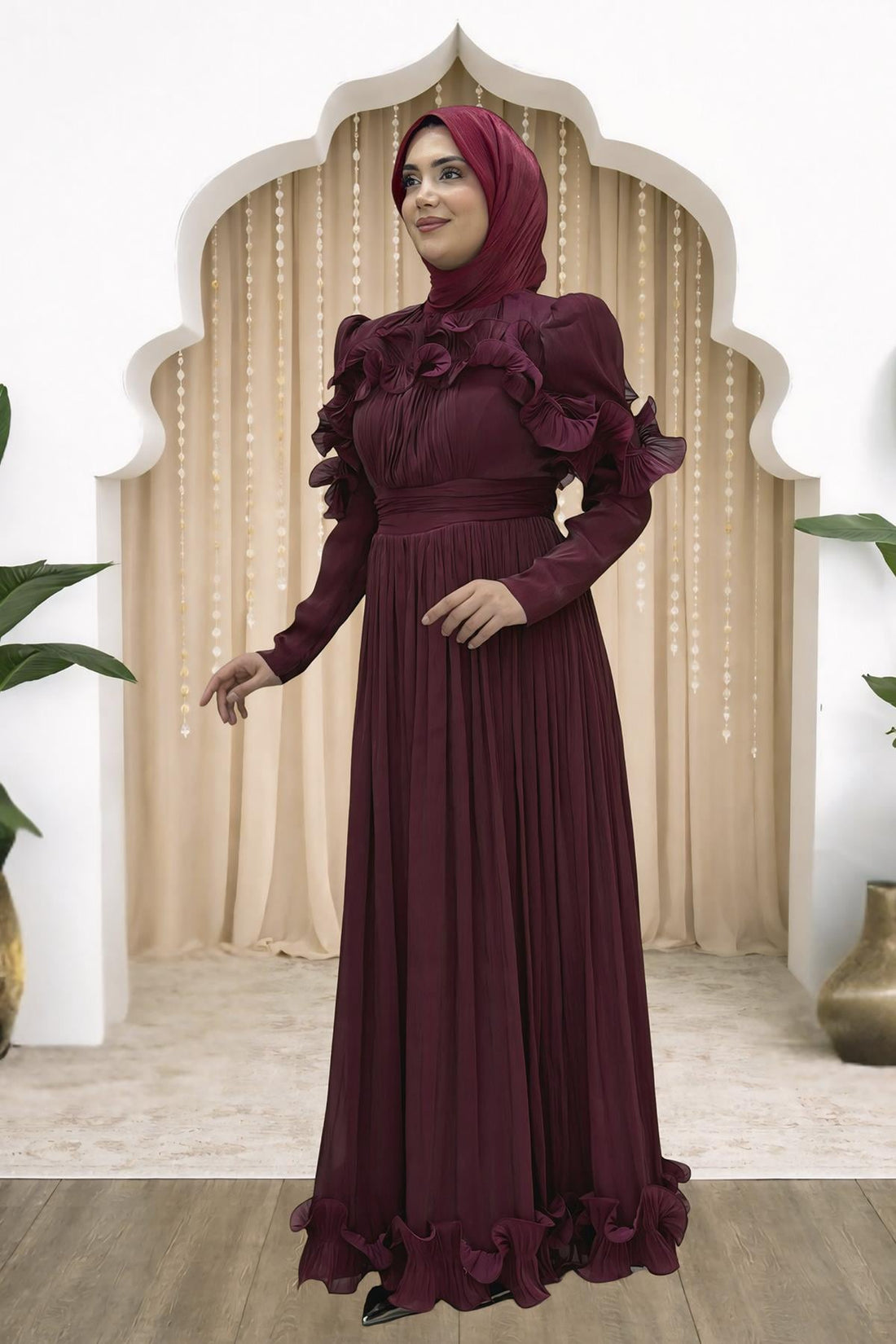 Beliz Modest Evening Dress - Burgundy