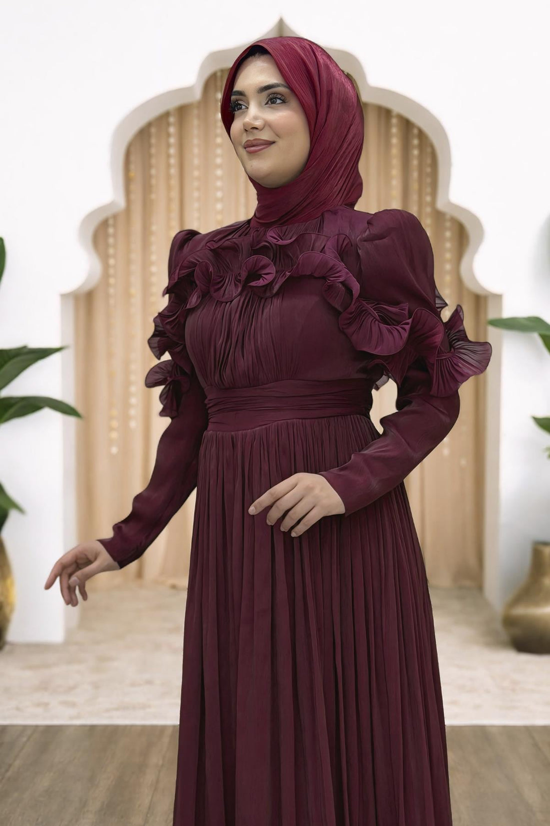 Beliz Modest Evening Dress - Burgundy