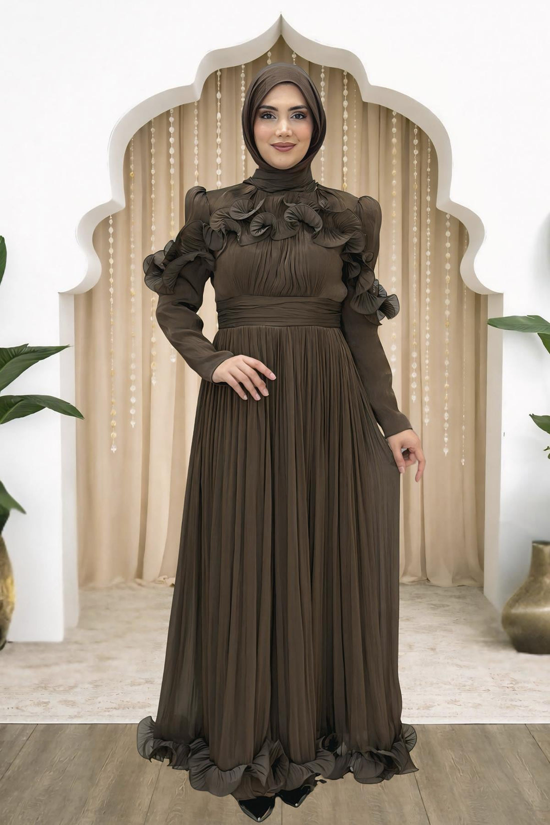 Beliz Modest Evening Dress - Brown