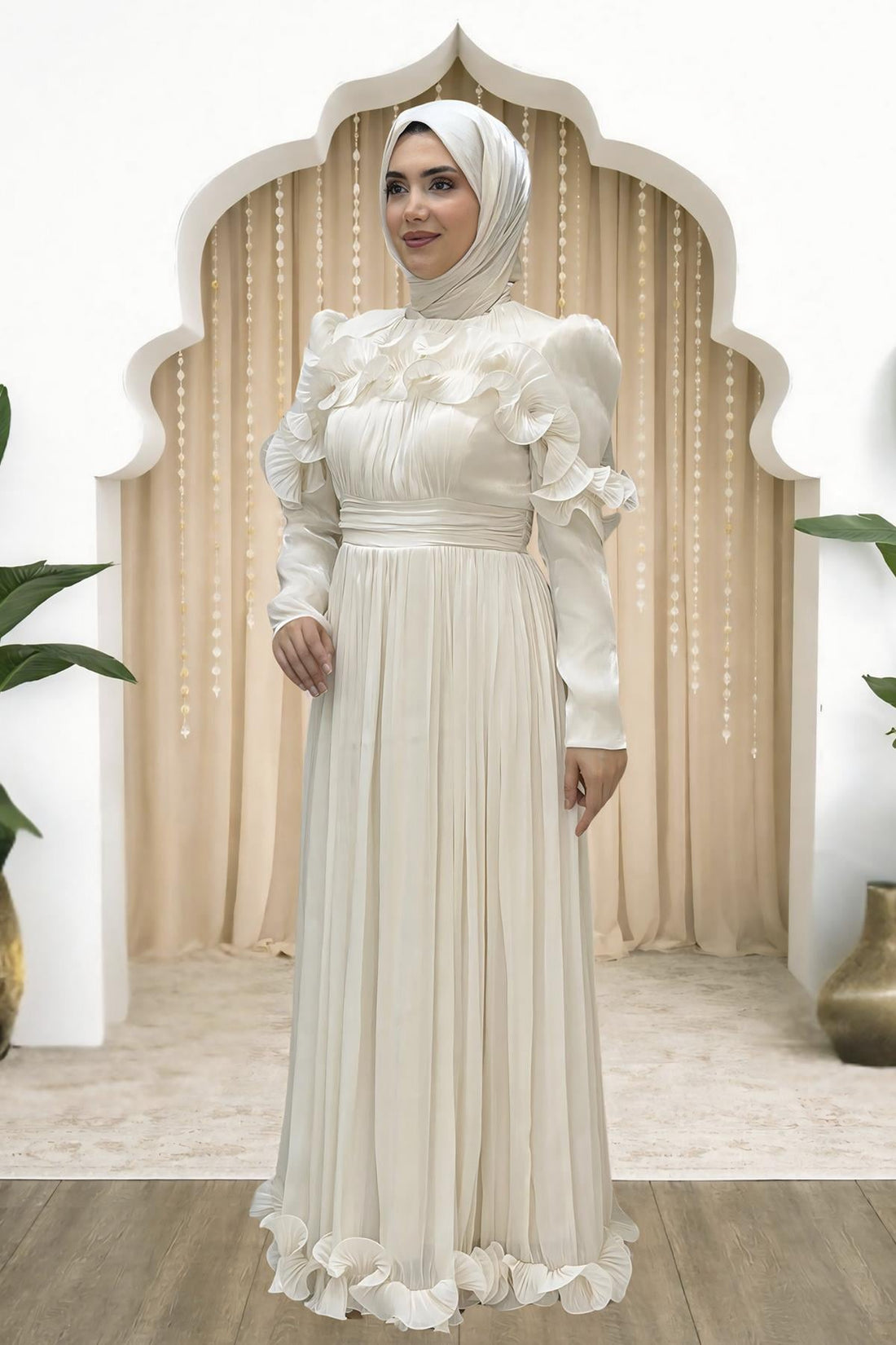 Beliz Modest Evening Dress - Cream