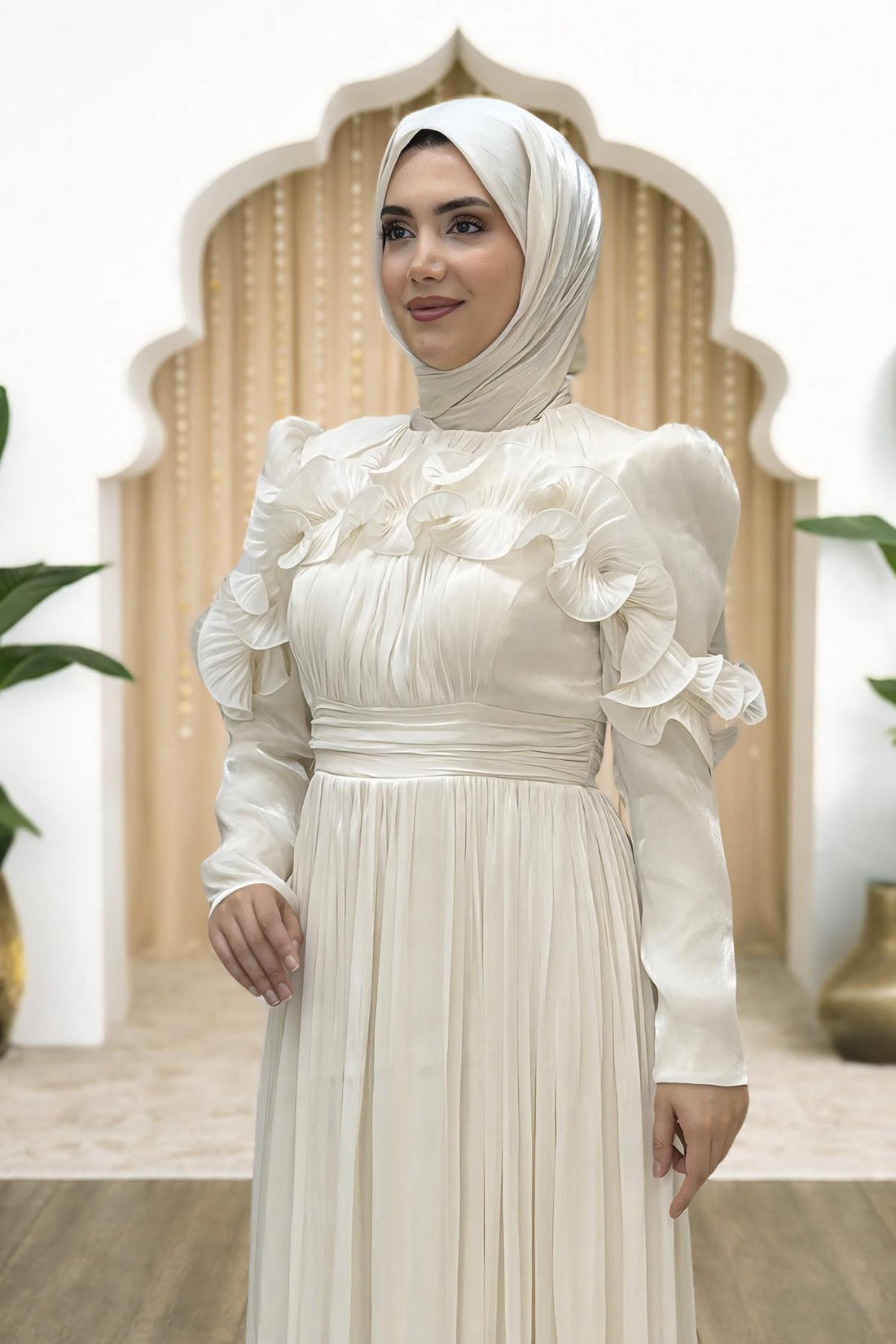 Beliz Modest Evening Dress - Cream