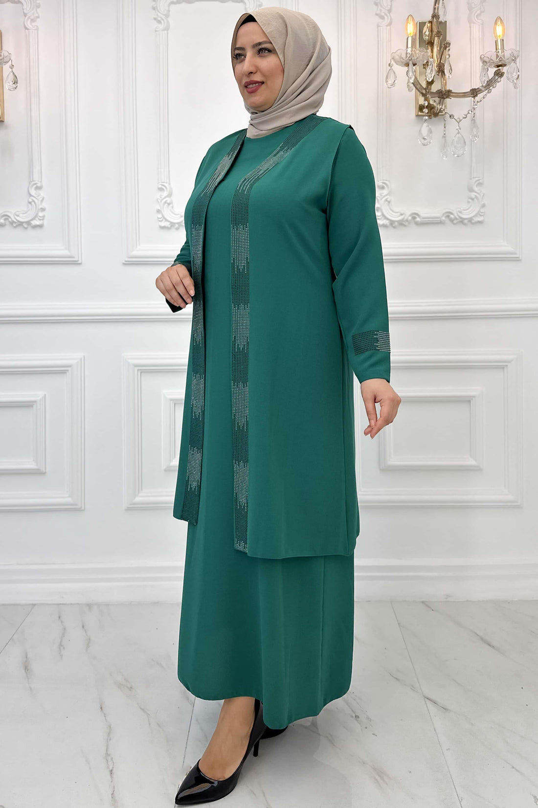 Beril Modest Evening Dress - Emerald