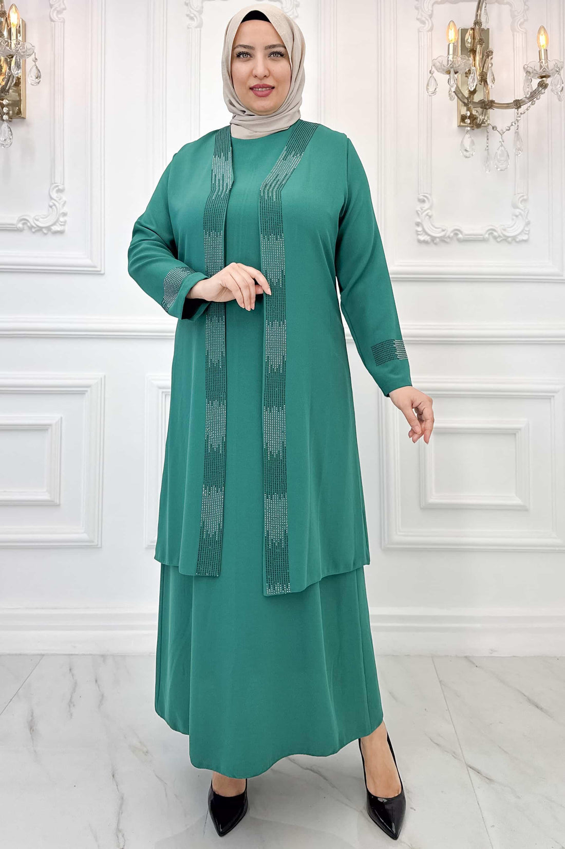 Beril Modest Evening Dress - Emerald