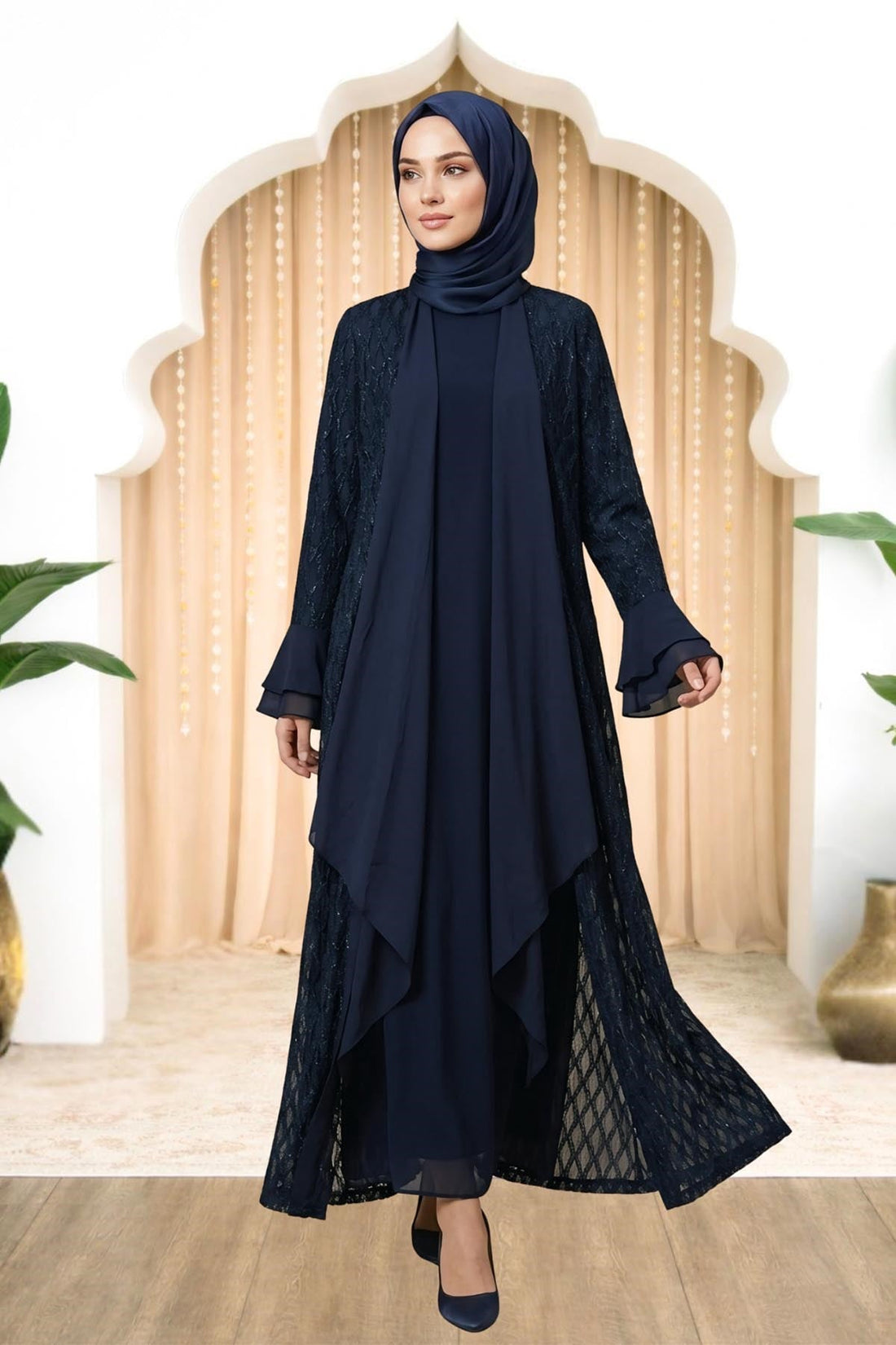 Burcu Modest Evening Dress - Navy