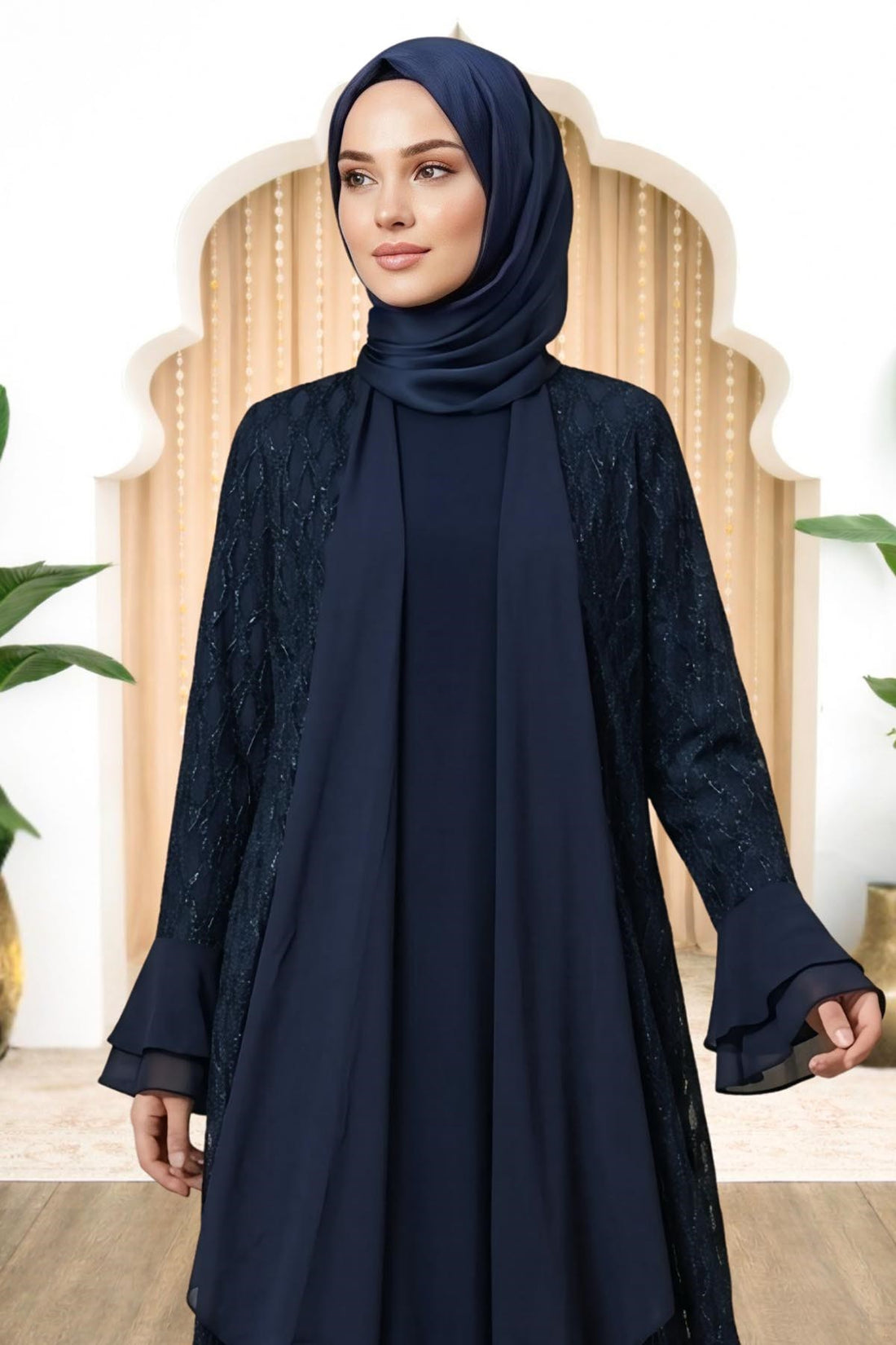 Burcu Modest Evening Dress - Navy