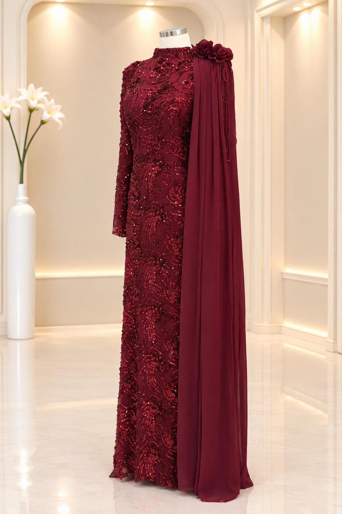 Ceylin Modest Evening Dress - Burgundy