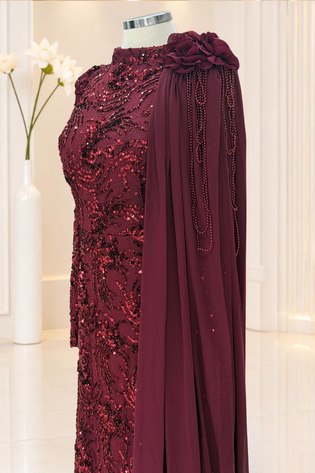 Ceylin Modest Evening Dress - Burgundy