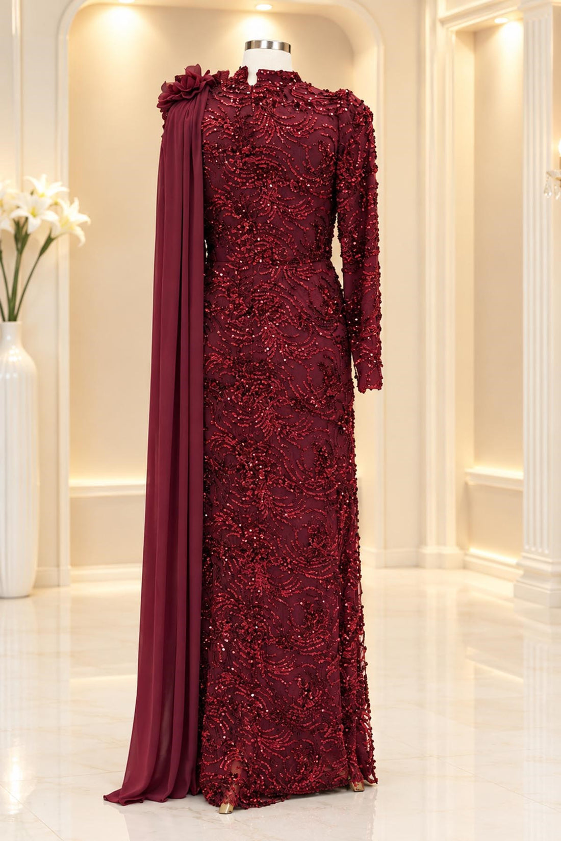 Ceylin Modest Evening Dress - Burgundy