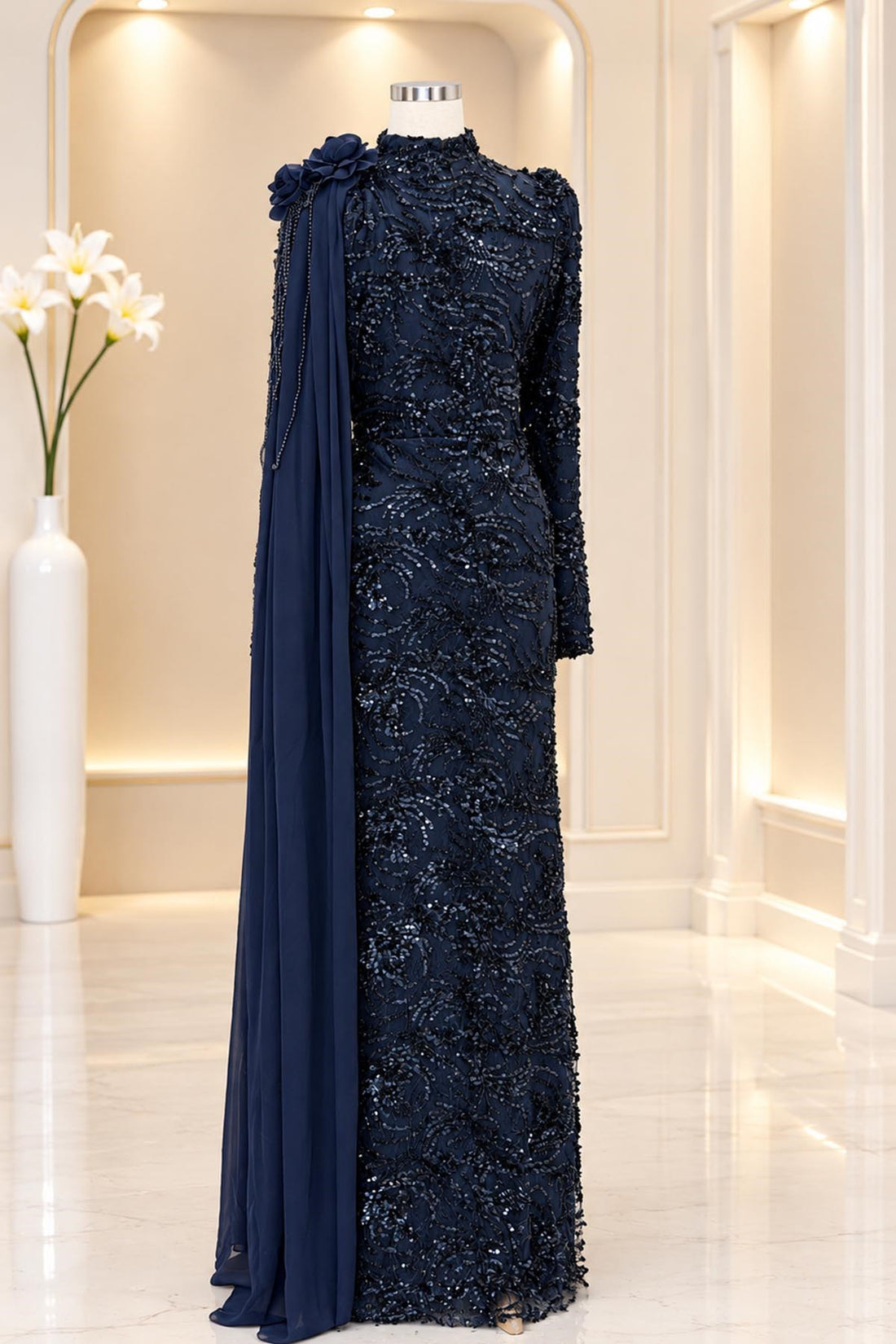 Ceylin Modest Evening Dress - Navy