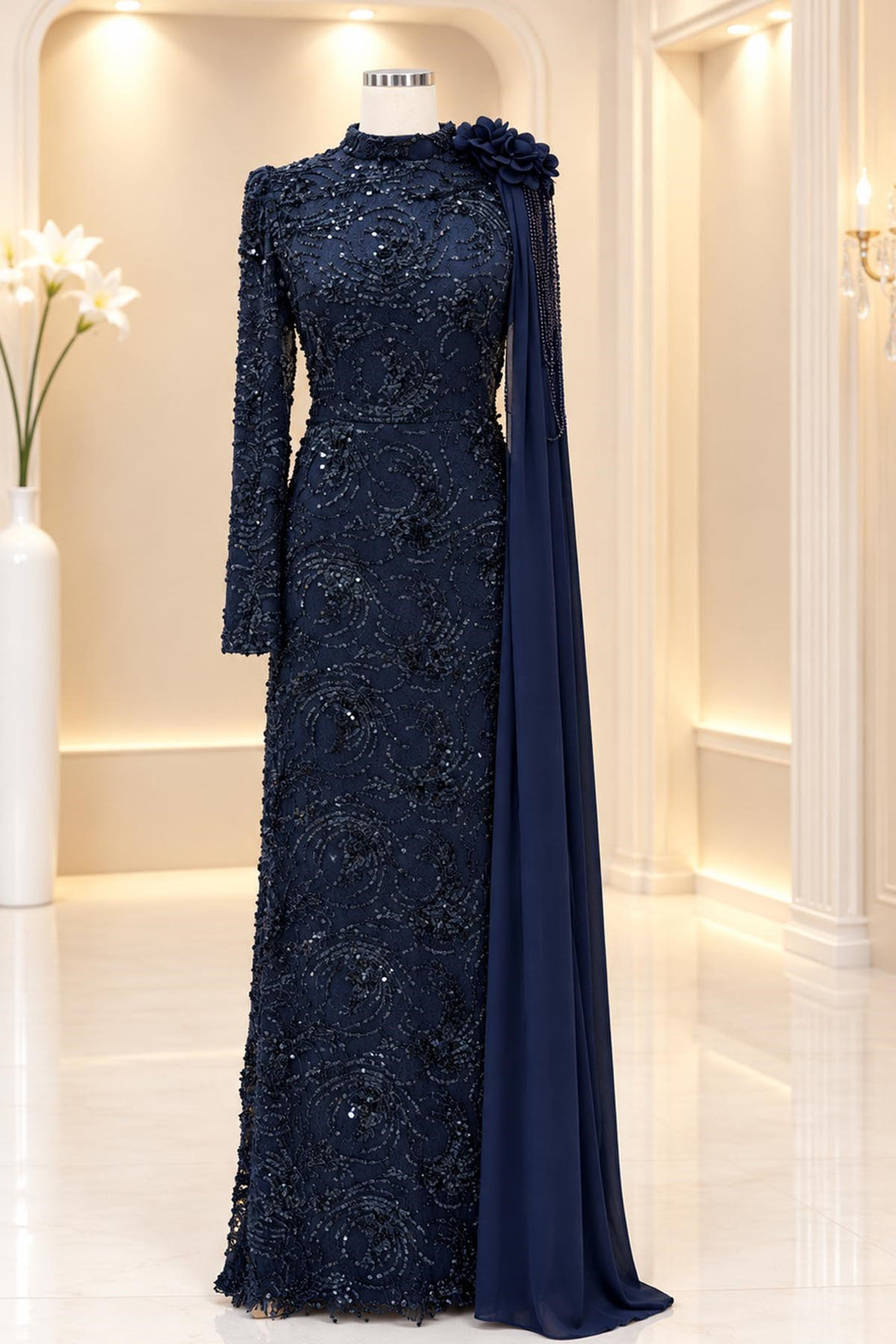 Ceylin Modest Evening Dress - Navy