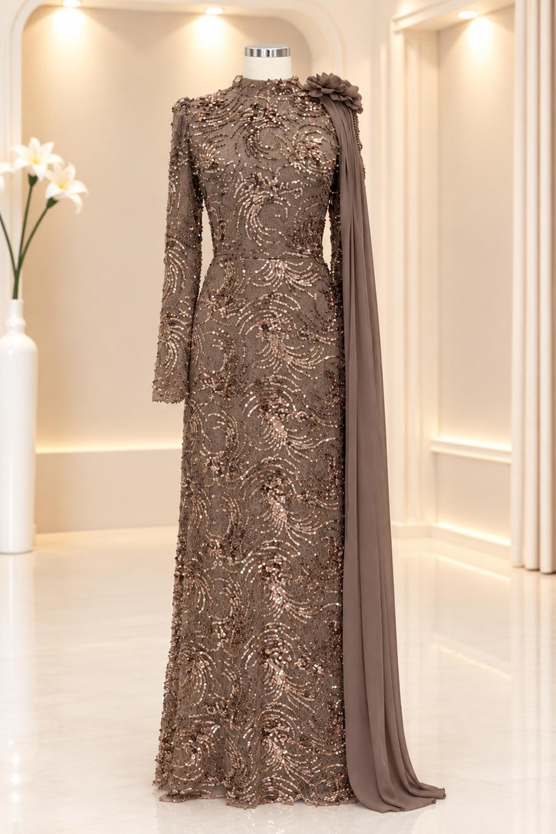 Ceylin Modest Evening Dress - Taupe