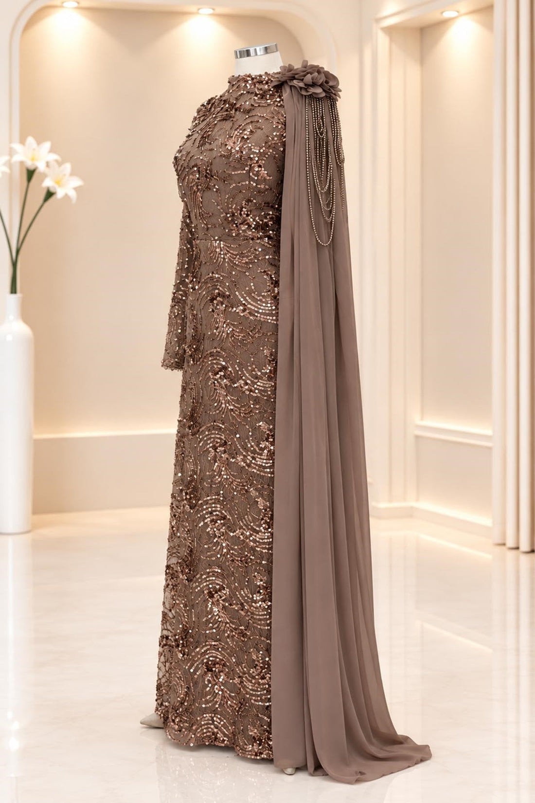 Ceylin Modest Evening Dress - Taupe