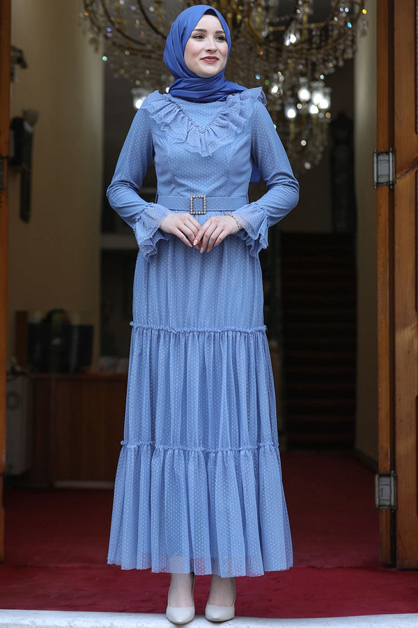 Damla Modest Evening Dress - Indigo