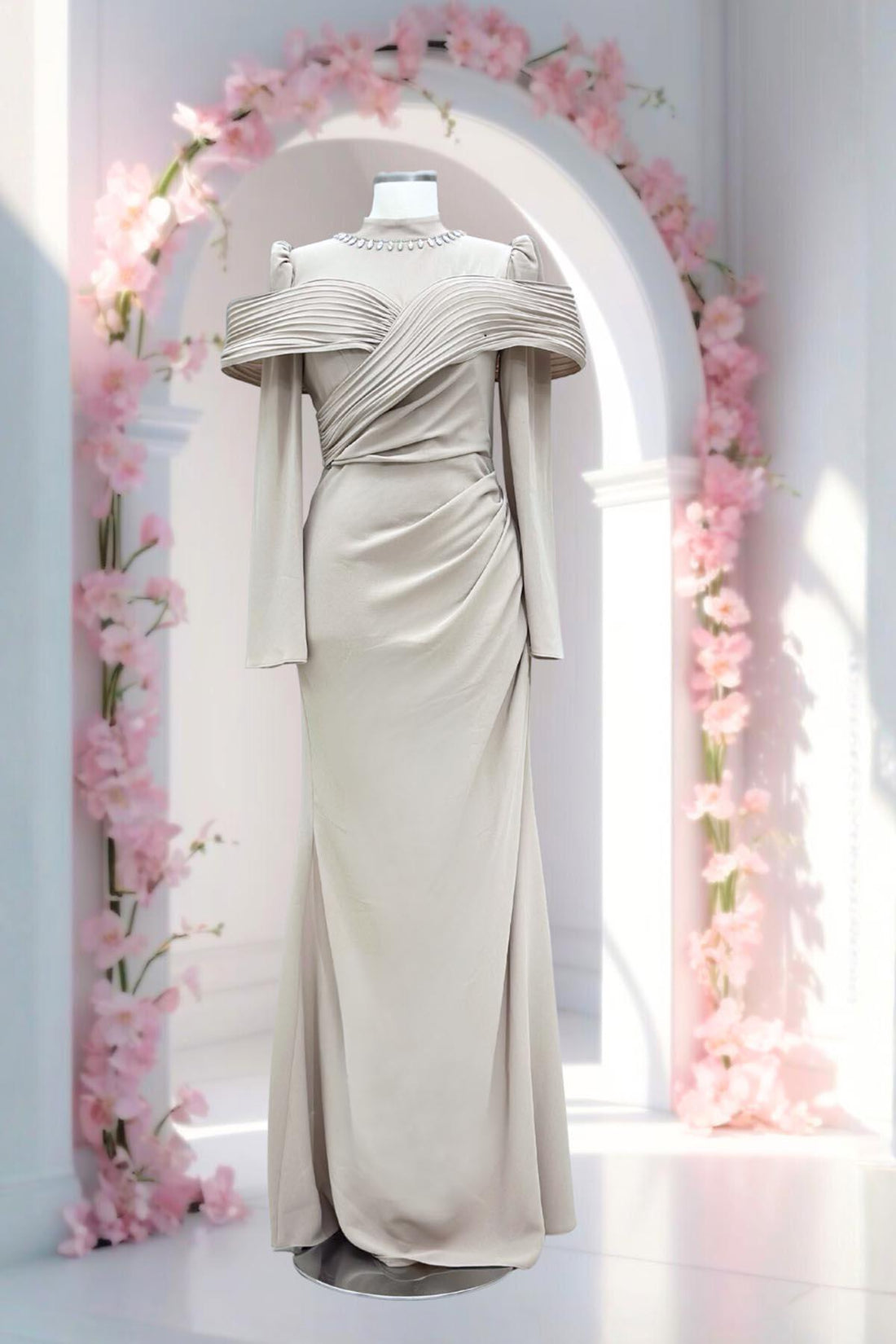 Dila Modest Evening Dress - Beige
