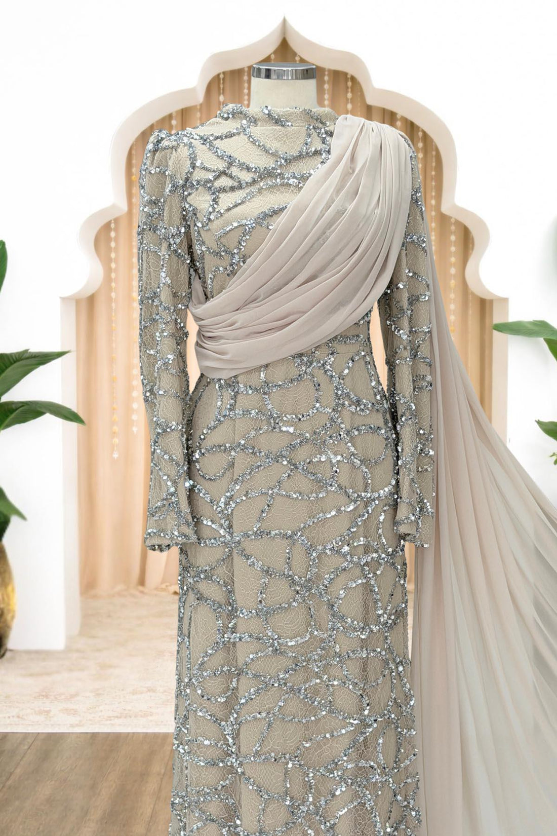 Efsane Modest Evening Dress - Beige