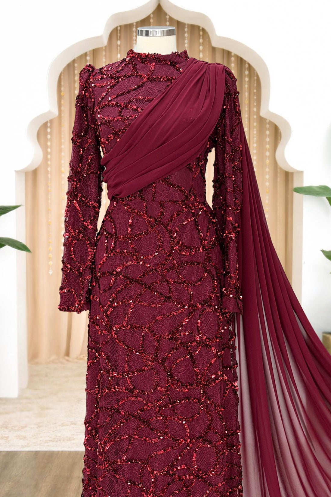 Efsane Modest Evening Dress - Burgundy