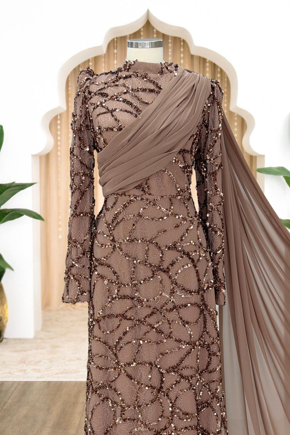 Efsane Modest Evening Dress - Taupe