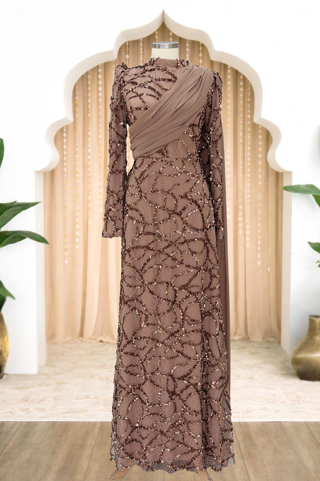 Efsane Modest Evening Dress - Taupe