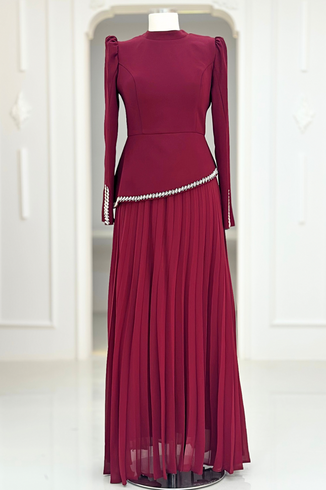 Efsun Modest Evening Dress - Burgundy