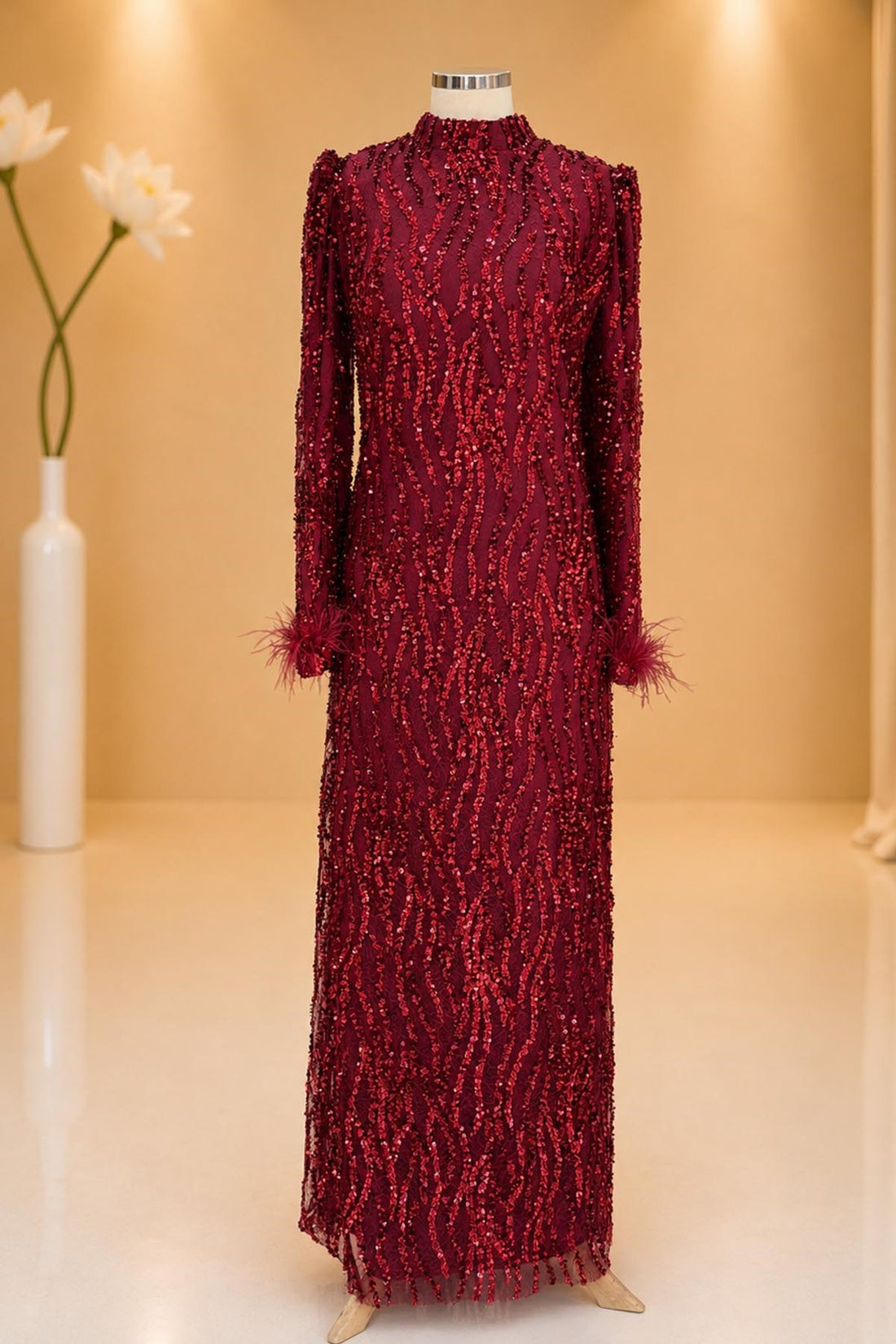 Eslem Modest Evening Dress - Burgundy