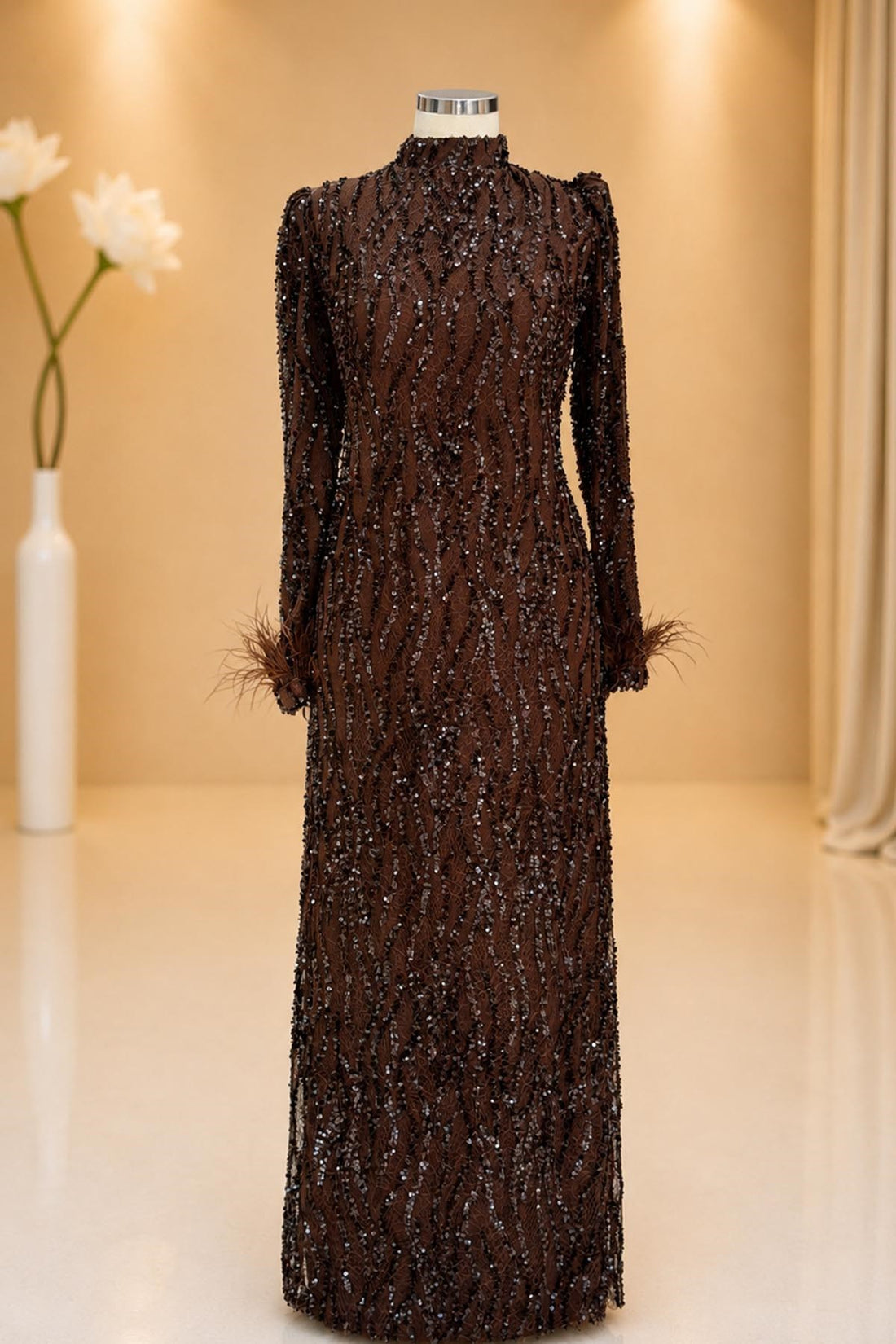 Eslem Modest Evening Dress - Brown