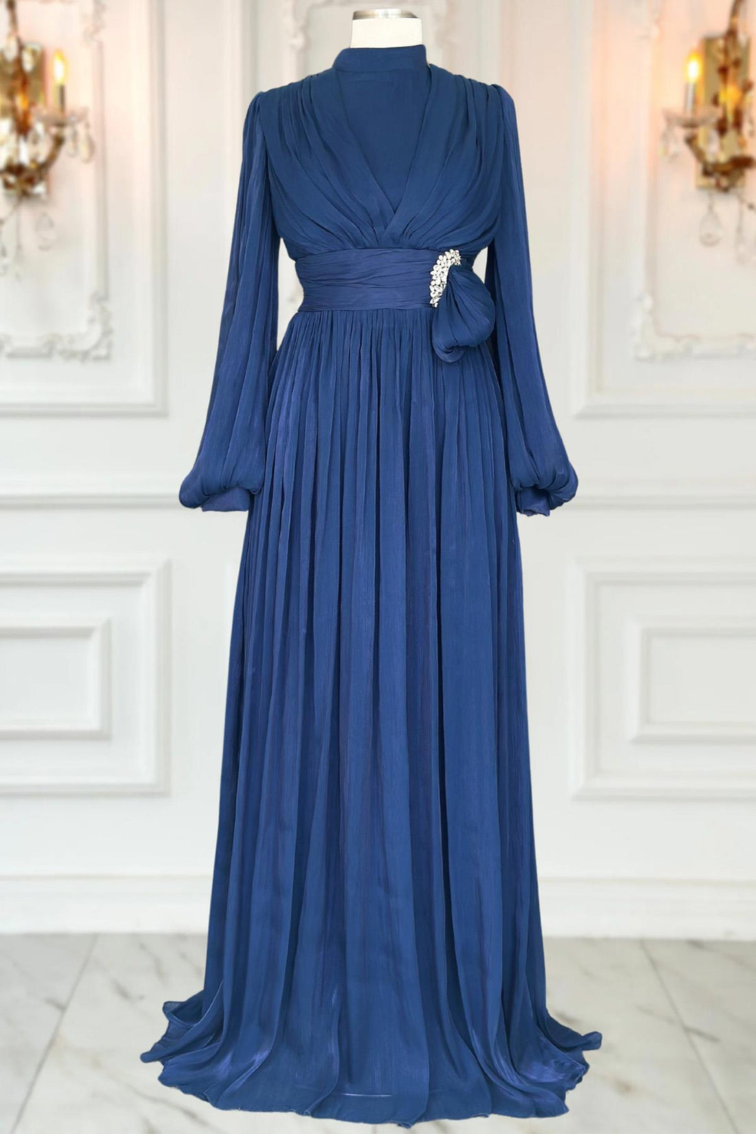 Feray Modest Evening Dress - Navy