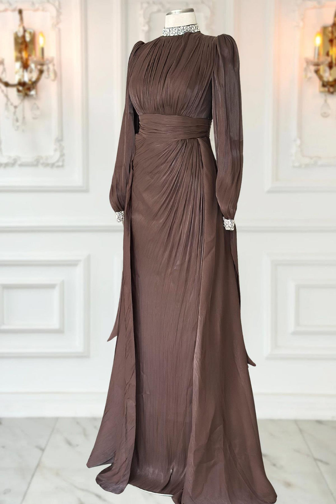 Gözde Modest Evening Dress - Brown