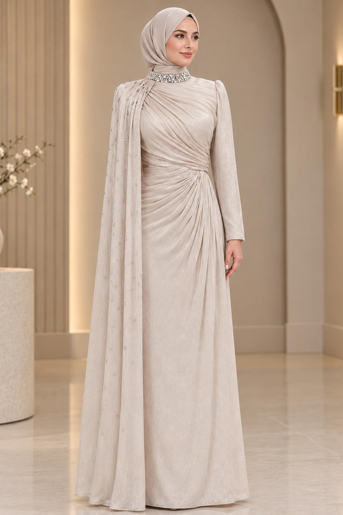 Helen Modest Evening Dress - Beige
