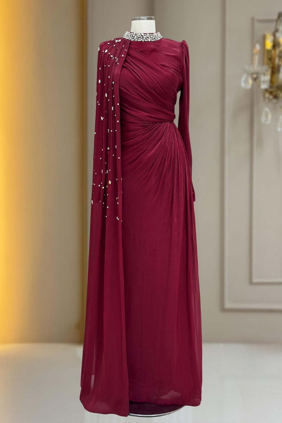 Helen Modest Evening Dress - Burgundy