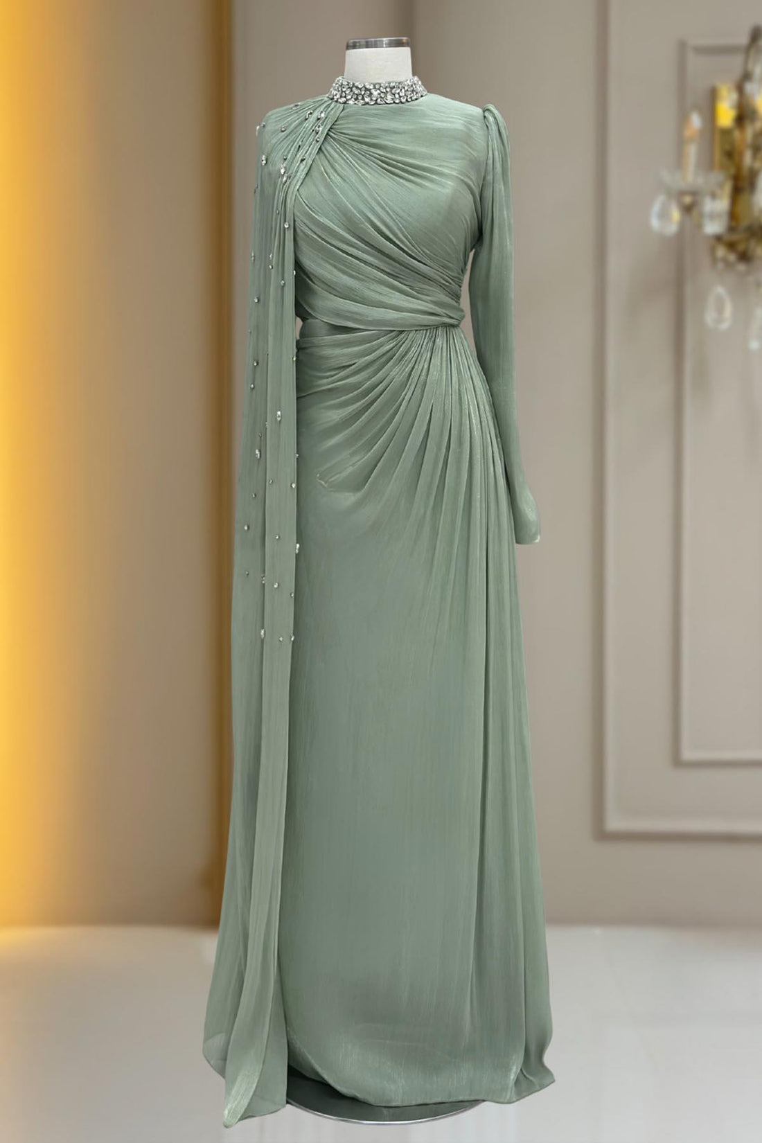 Helen Modest Evening Dress - Sage Green