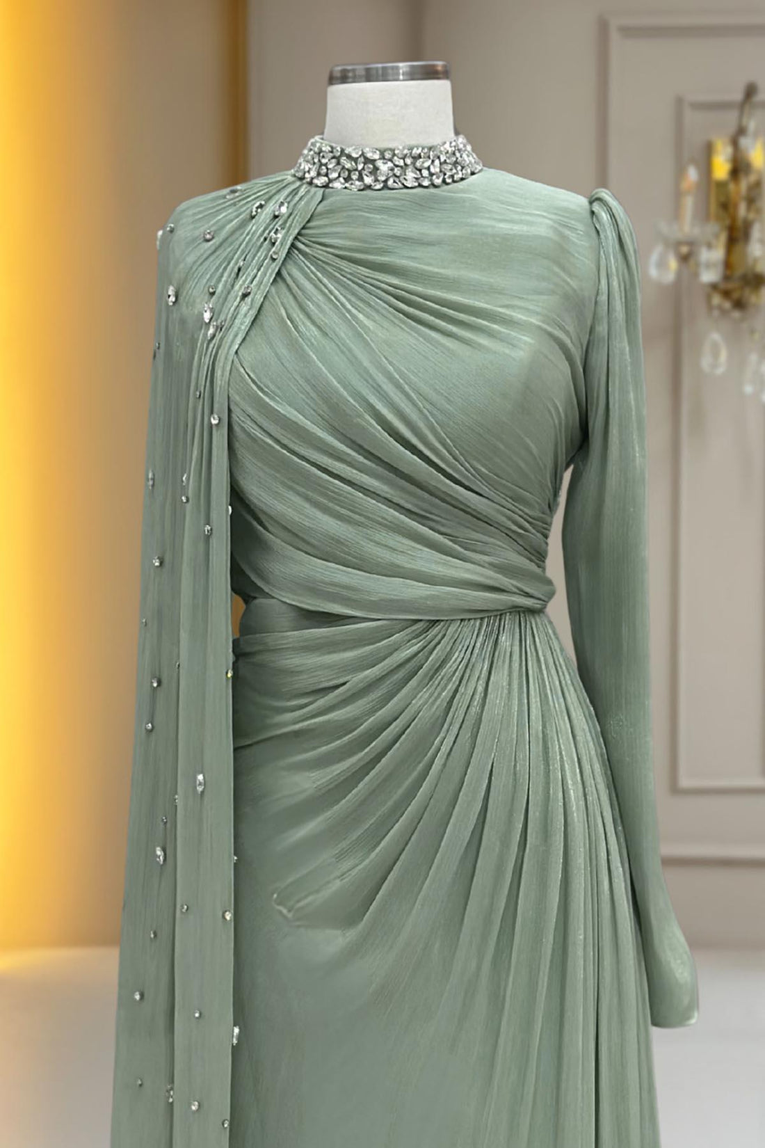 Helen Modest Evening Dress - Sage Green