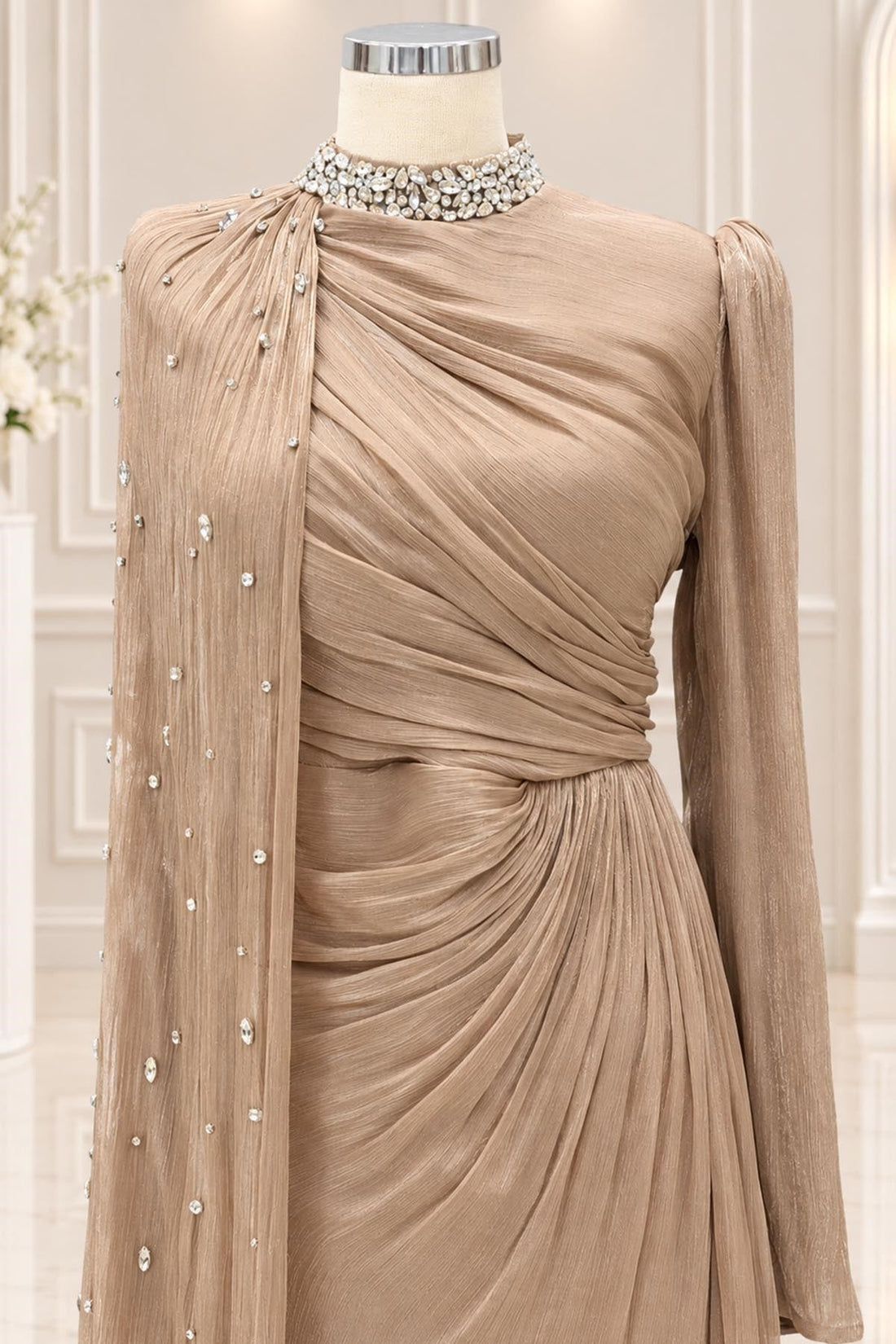 Helen Modest Evening Dress - Taupe