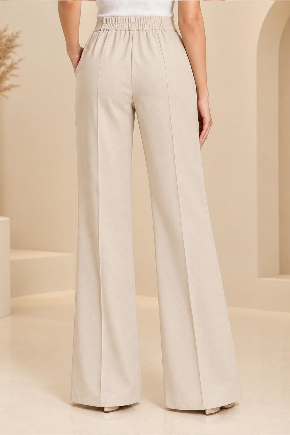 Flared Elastic-Waist Trousers - Beige