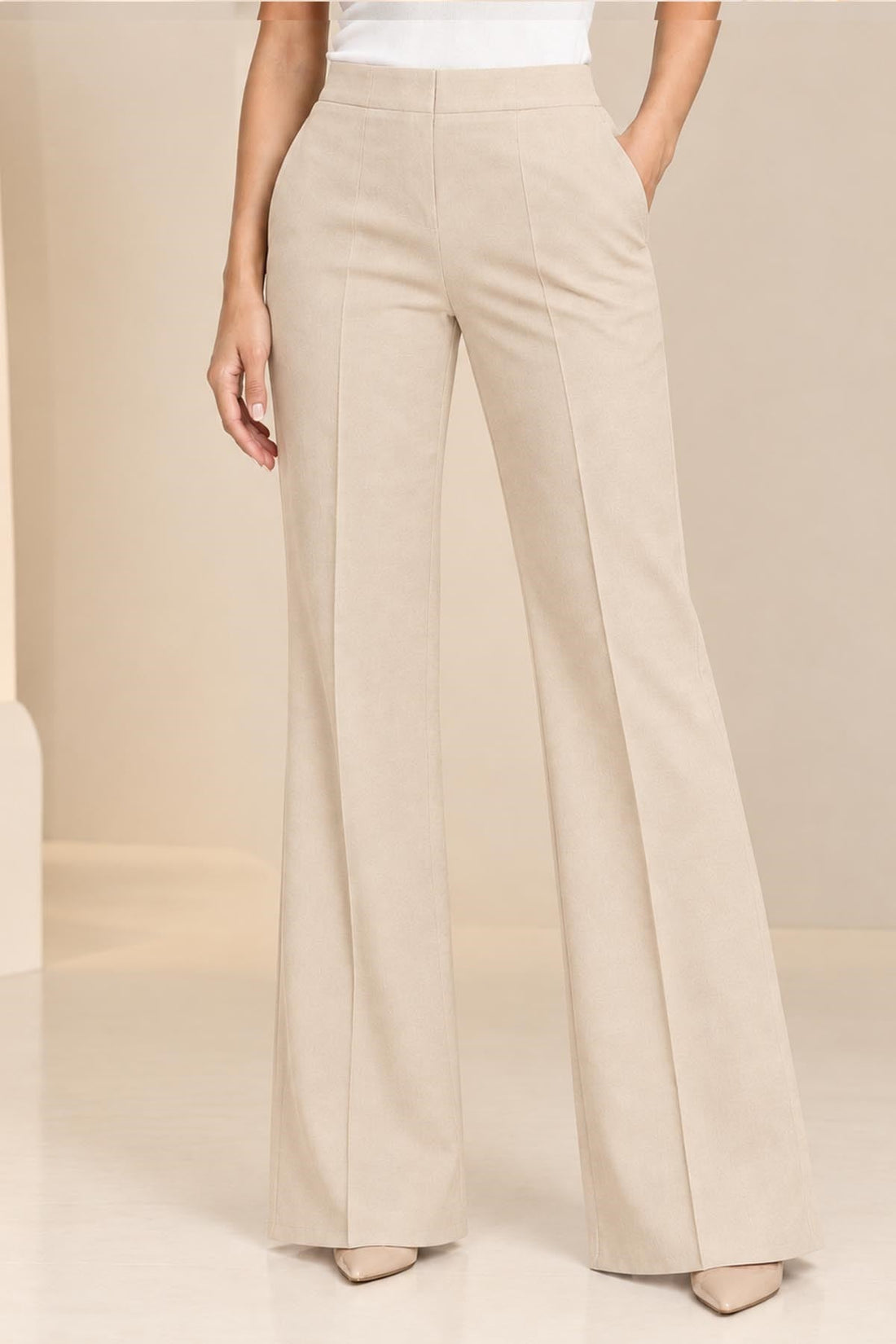 Flared Elastic-Waist Trousers - Beige
