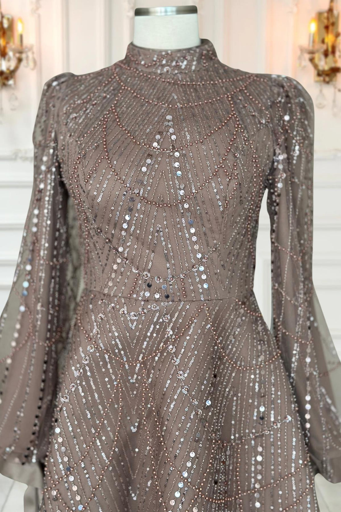Karina Modest Evening Dress - Taupe