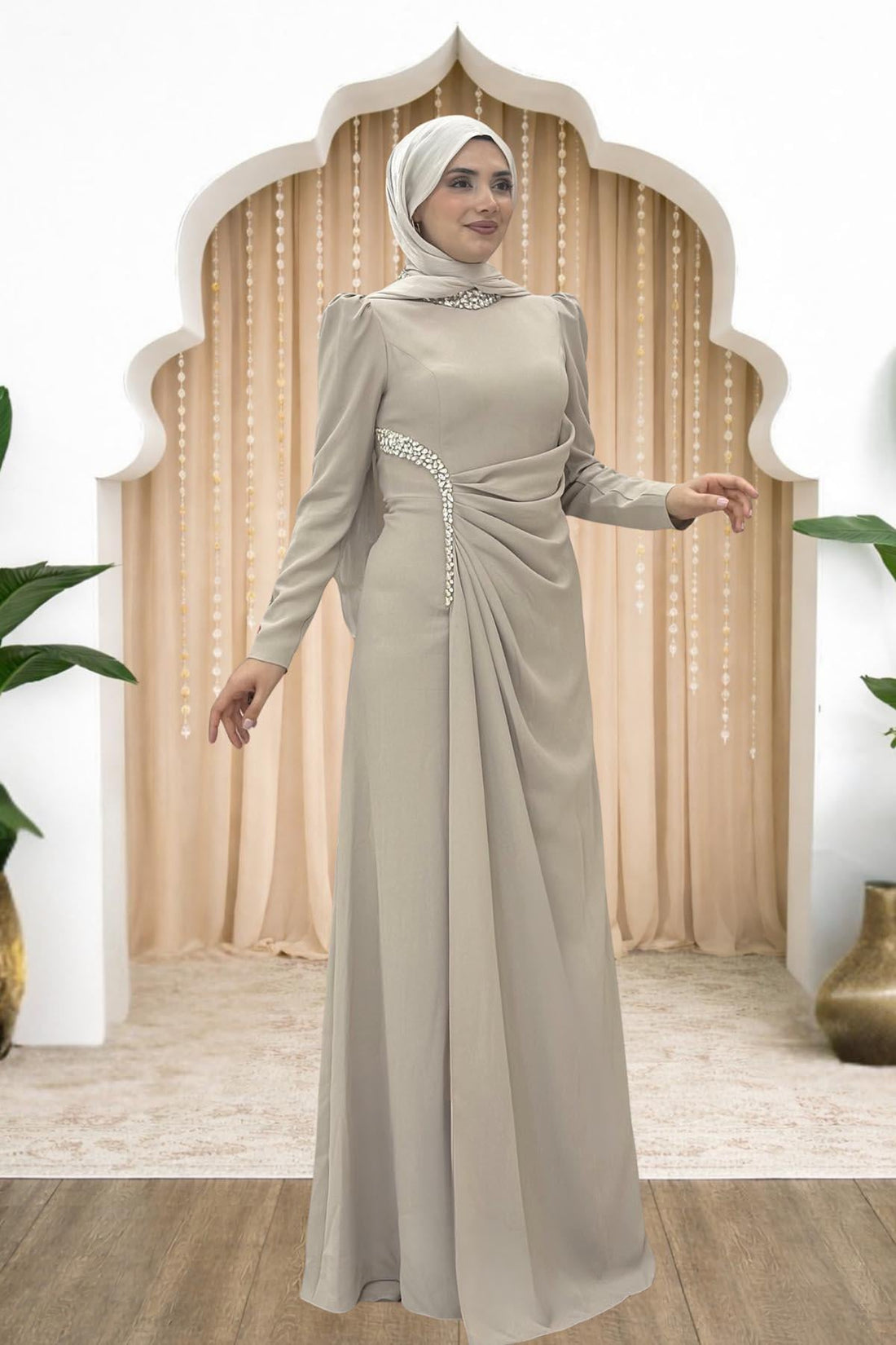 Dilem Modest Evening Dress - Beige