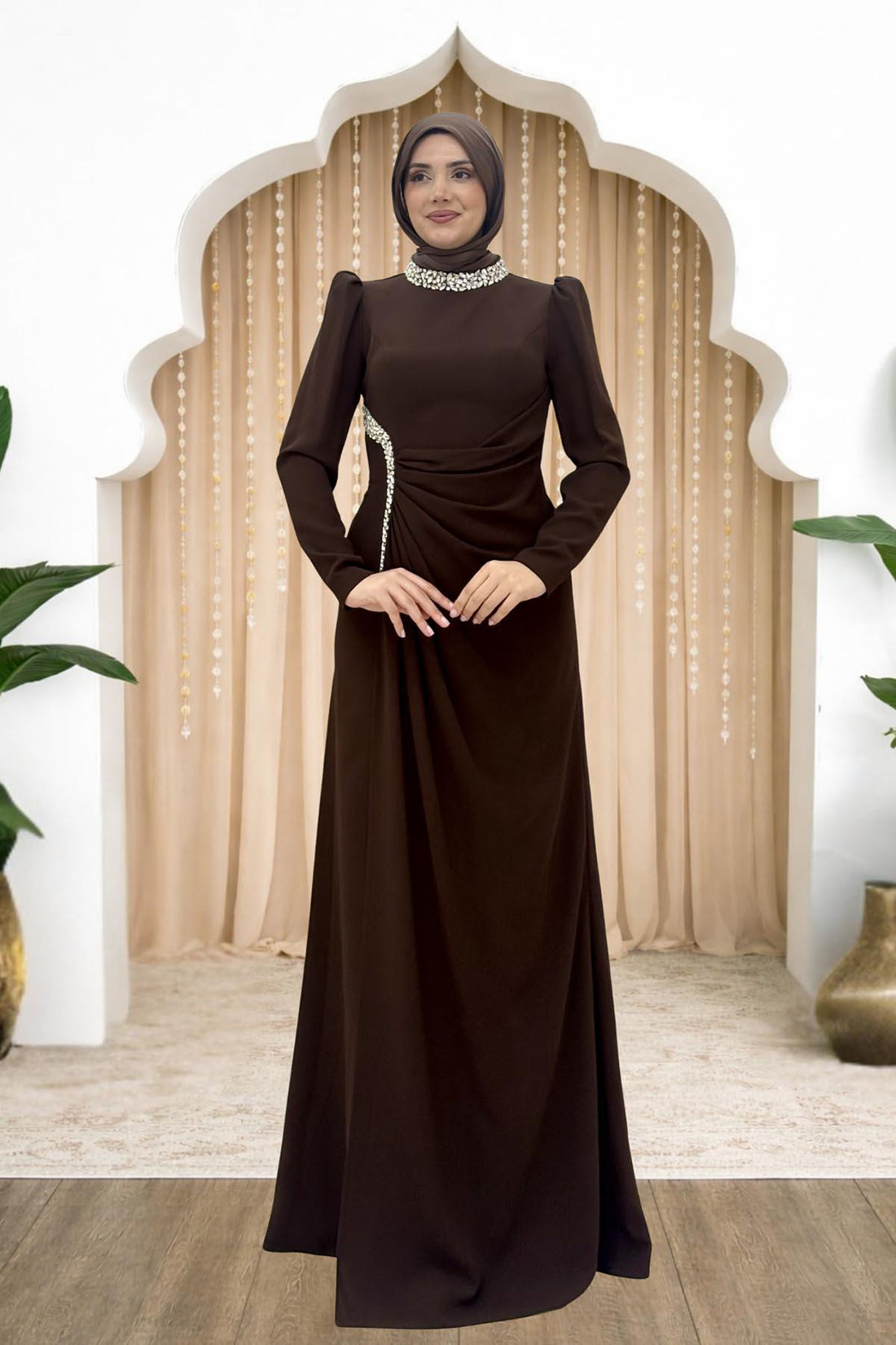 Dilem Modest Evening Dress - Brown