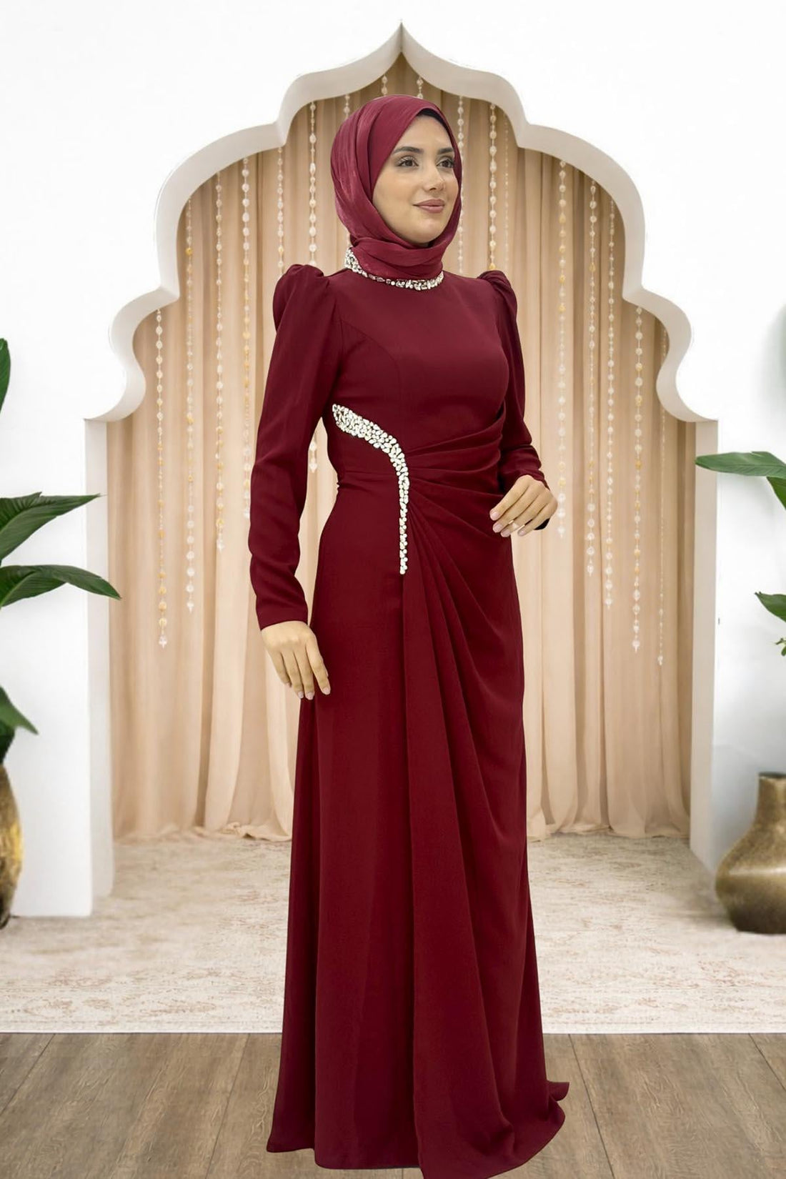 Dilem Modest Evening Dress - Burgundy