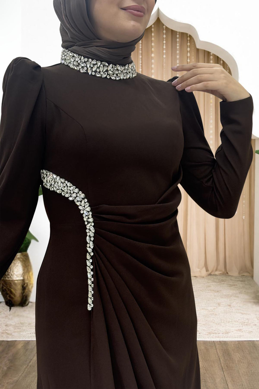 Dilem Modest Evening Dress - Brown
