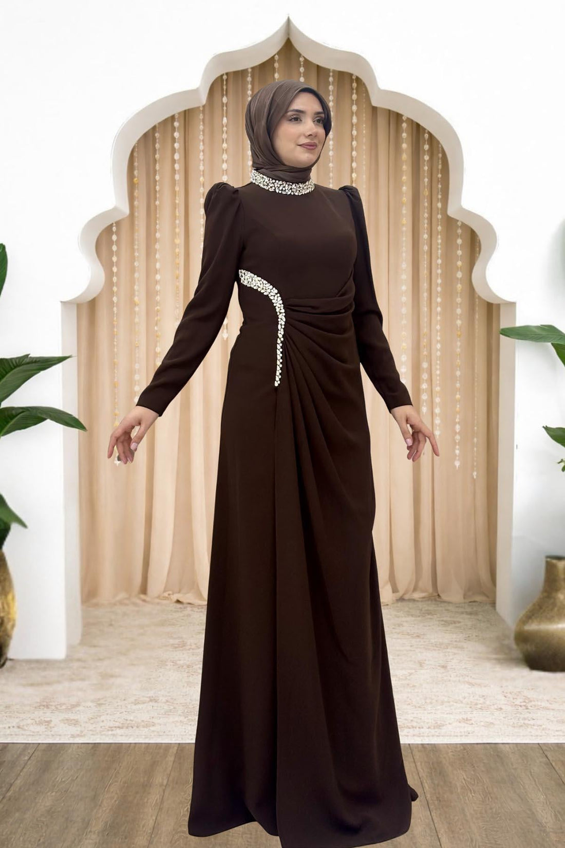 Dilem Modest Evening Dress - Brown