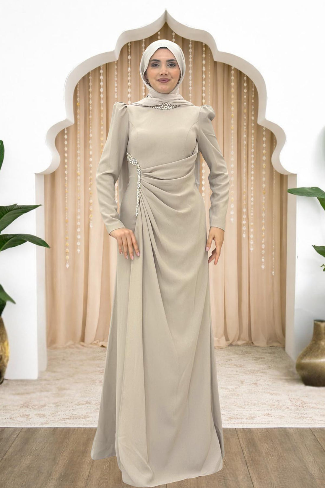 Dilem Modest Evening Dress - Beige