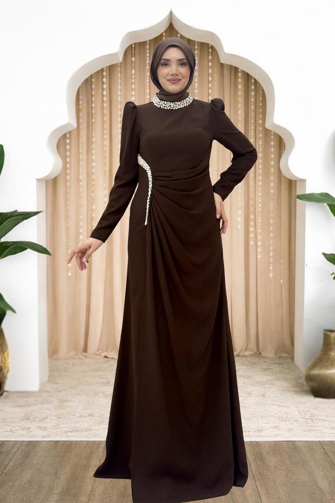 Dilem Modest Evening Dress - Brown
