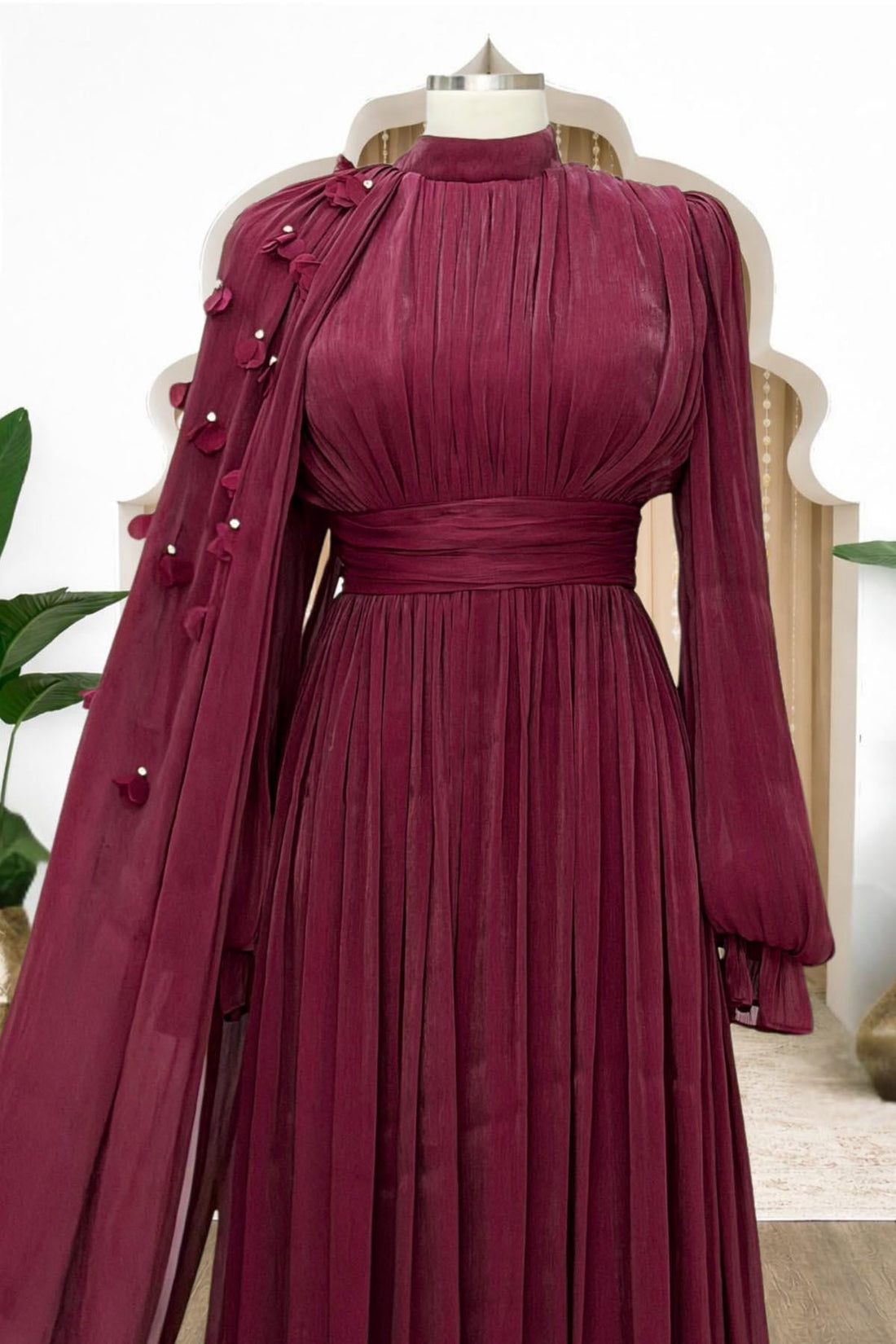 Mina Modest Evening Dress - Burgundy
