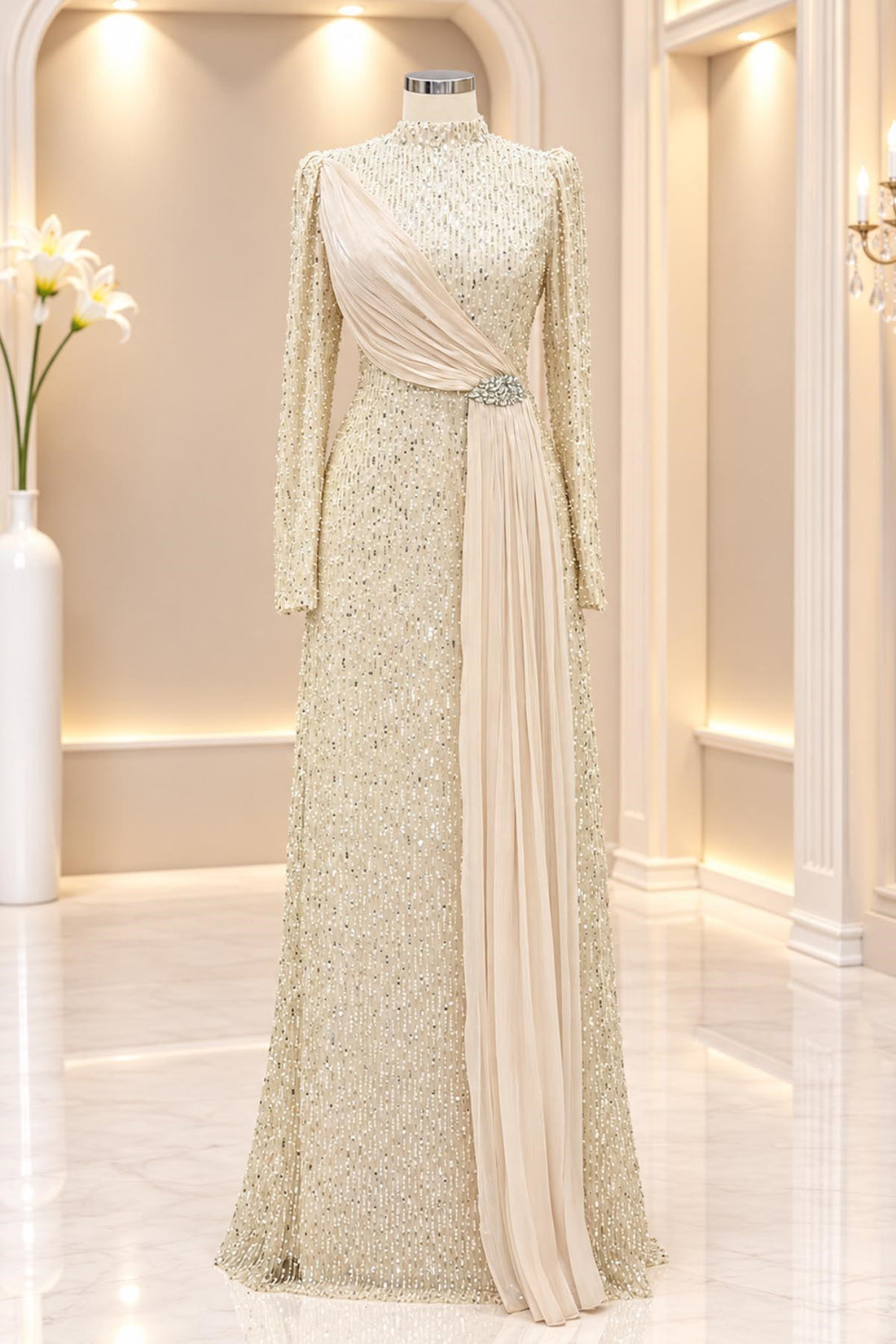 Nilüfer Modest Evening Dress - Beige