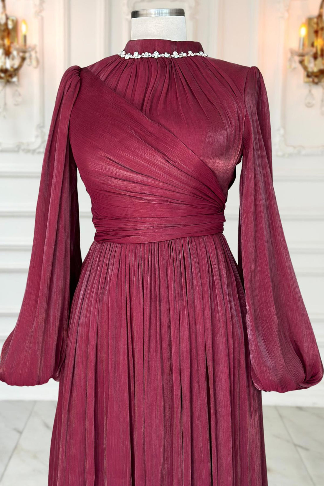 Pelin Modest Evening Dress - Burgundy