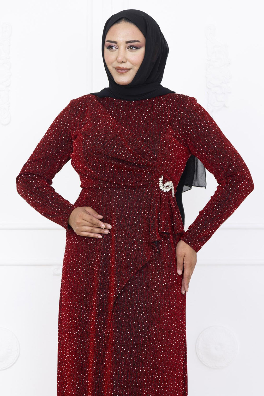 Roza Modest Evening Dress - Burgundy