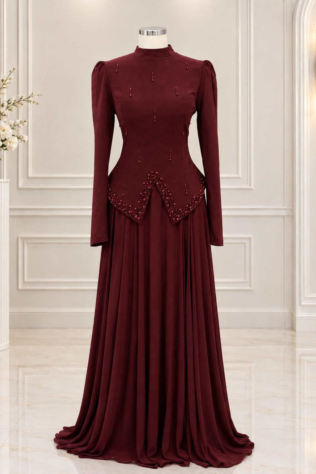 Sedef Modest Evening Dress - Burgundy