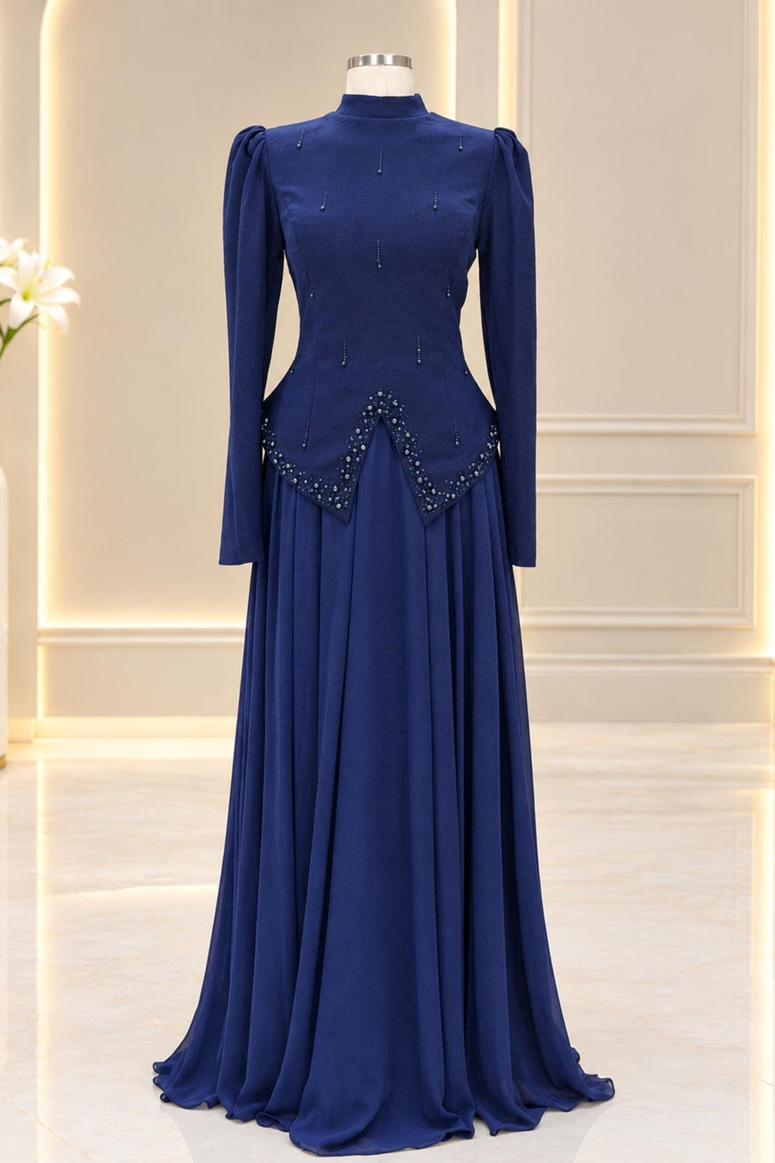 Sedef Modest Evening Dress - Navy