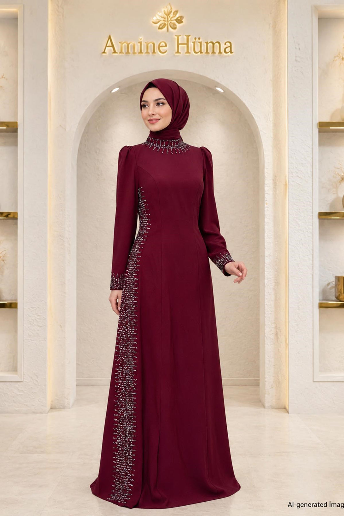 Sıla Modest Evening Dress - Burgundy